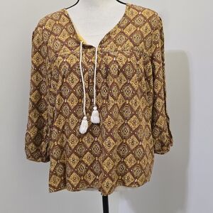 VERSONA size Large Geometric Boho 3/4 Balloon Sleeves Tie String Neck‎ Mustard